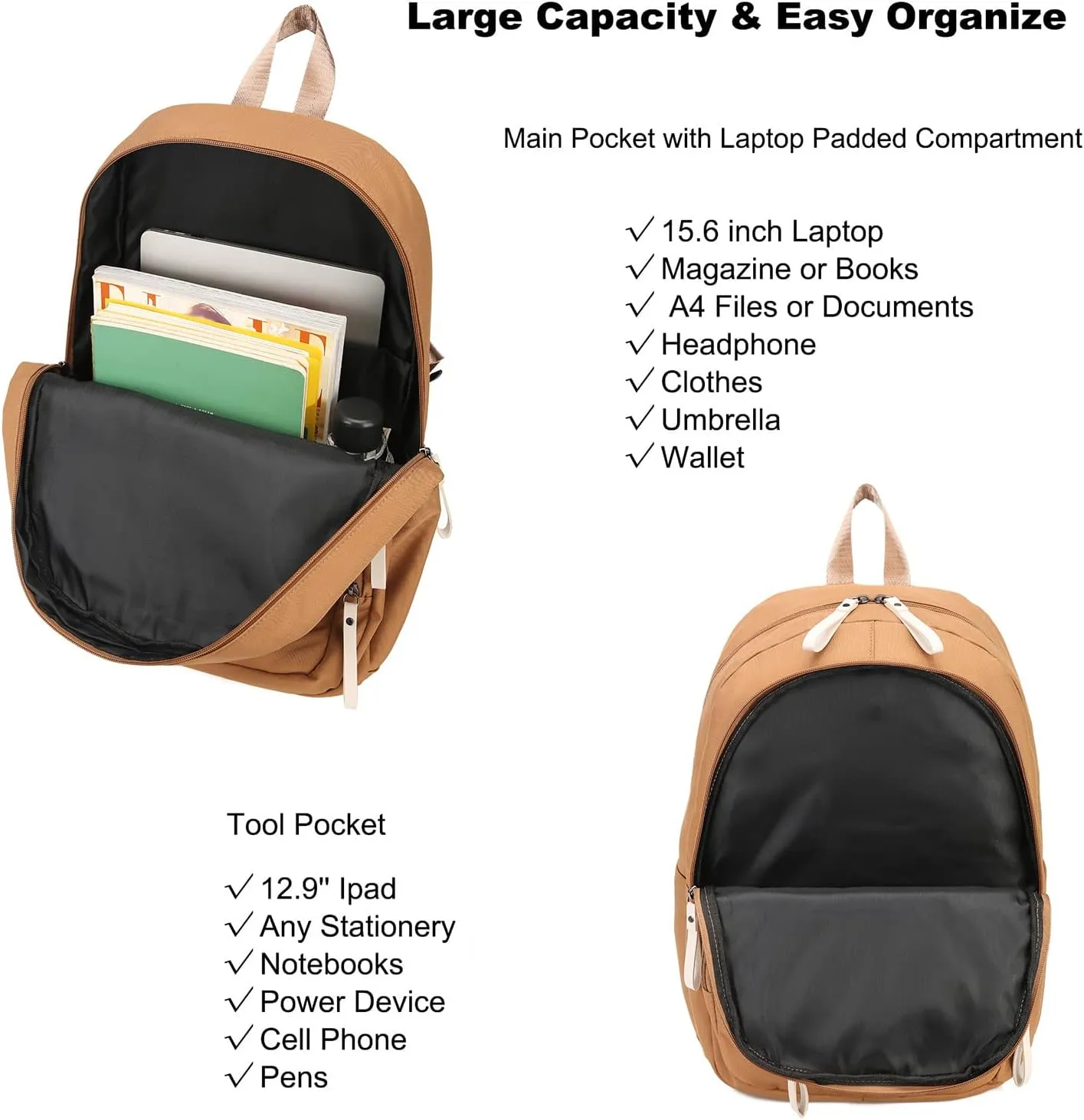 College Backpack for Women Men Laptop Backpack Fits 15.6Inch Notebook (Brown)
