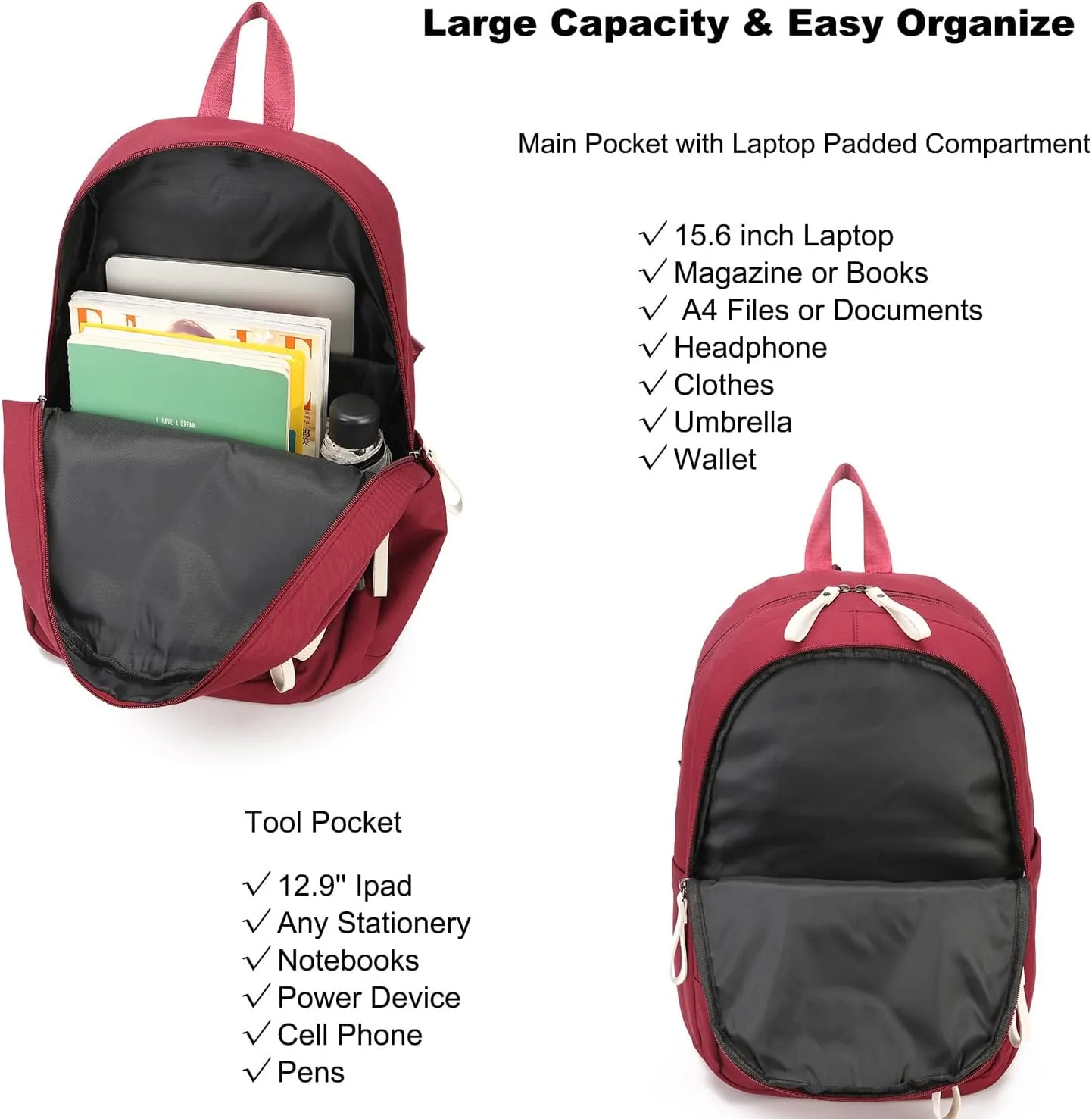 College Backpack for Women Men Laptop Backpack Fits 15.6Inch Notebook (Red)