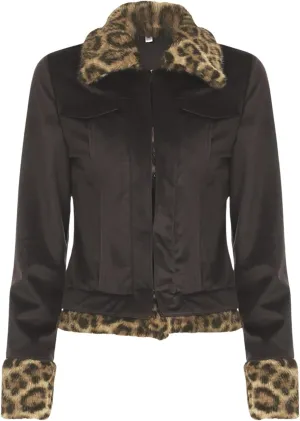 CORIRESHA Women's Vintage Leopard Print Faux Fur Trim Lapel Long Sleeve Crop Leather Jacket Outwear
