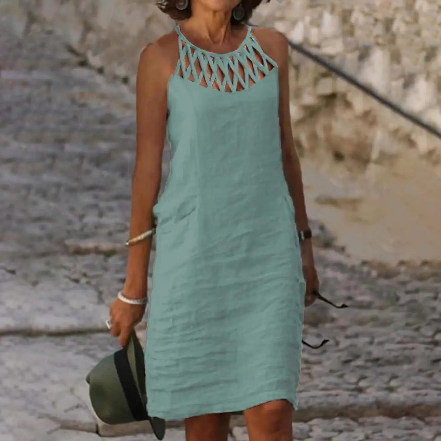 Cotton Linen Dresses for Womens 2024 Trendy Summer Casual Loose Short Sleeve Midi Dress Elegant Lace Beach Sundress