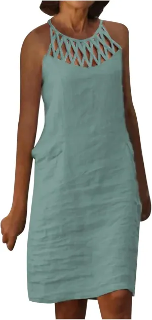 Cotton Linen Dresses for Womens 2024 Trendy Summer Casual Loose Short Sleeve Midi Dress Elegant Lace Beach Sundress