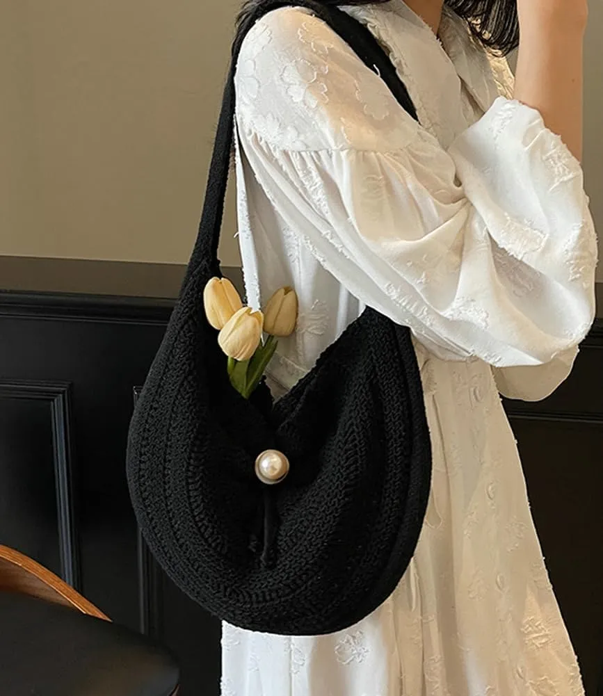Cotton Rope Purses for Women Woven Hobo Shoulder Bag Purse Chic Hollow-out Handbag for Beach Summer Travel
