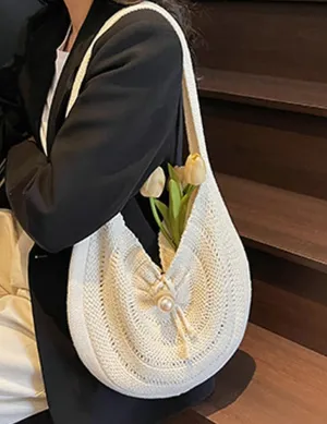 Cotton Rope Purses for Women Woven Hobo Shoulder Bag Purse Chic Hollow-out Handbag for Beach Summer Travel