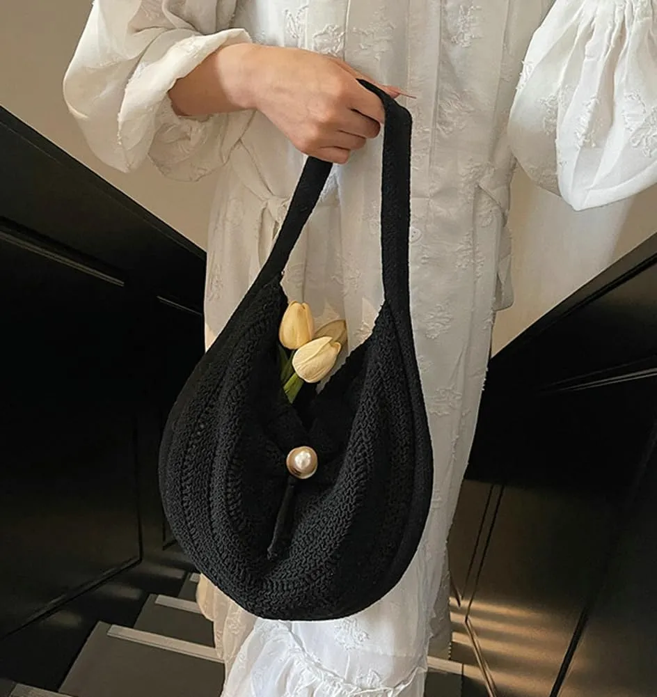 Cotton Rope Purses for Women Woven Hobo Shoulder Bag Purse Chic Hollow-out Handbag for Beach Summer Travel