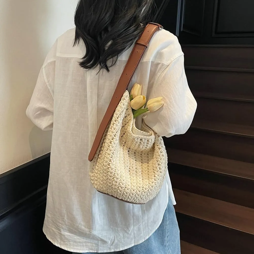 Crochet Bucket Tote Bag Handmade Satchel Shoulder Purses Cotton Hobo Purse Summer Beach Woven Crossbody Bags for Women