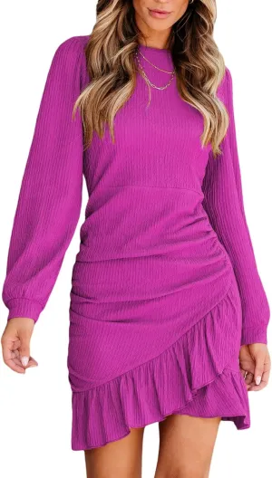 CUPSHE Women Knit Ruched Summer Dress Smocked Ruffle Hem Crew Neck Long Sleeve Bodycon Sexy Casual Holiday Mini Dress