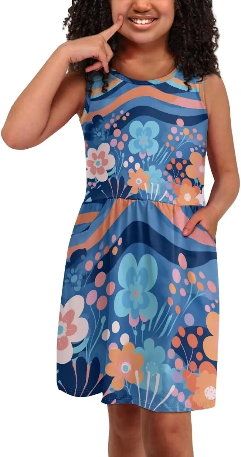 Cute Floral Sundress for Girls Comfy Soft Swing Loose Fit Sleeveless Summer Dress with Pockets
