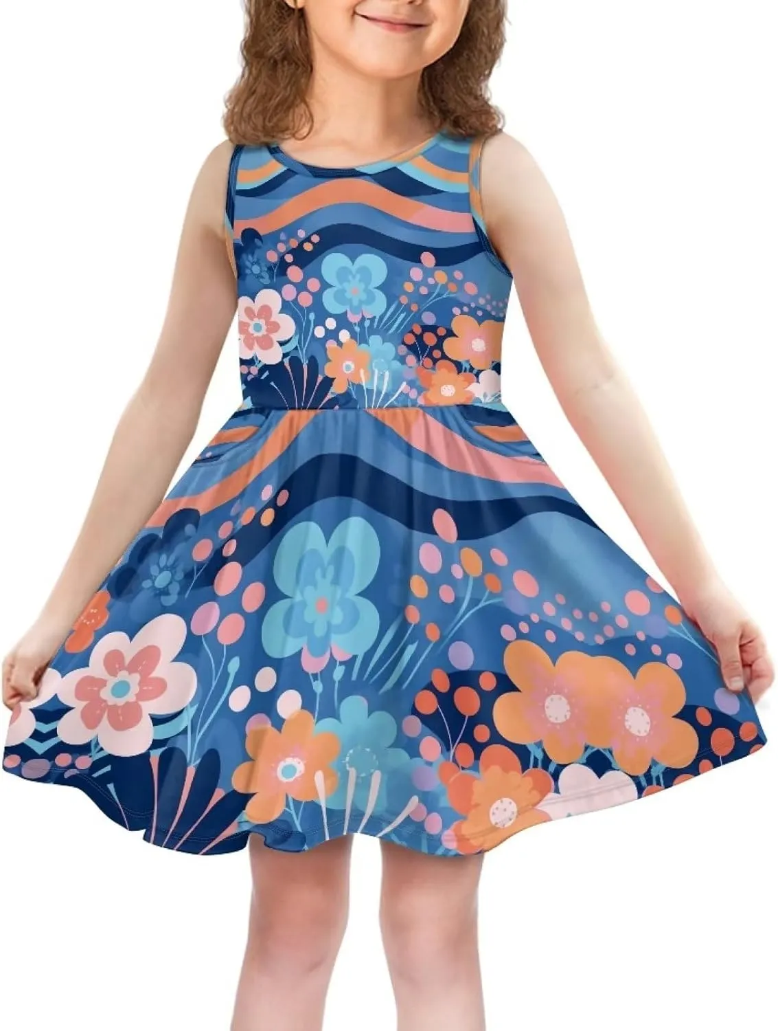 Cute Floral Sundress for Girls Comfy Soft Swing Loose Fit Sleeveless Summer Dress with Pockets