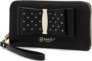 Designer Ribbon Romance Multi-Pocket Rhinestone Wallet Party and Wedding Evening Bling Wristlet for Women (Black)