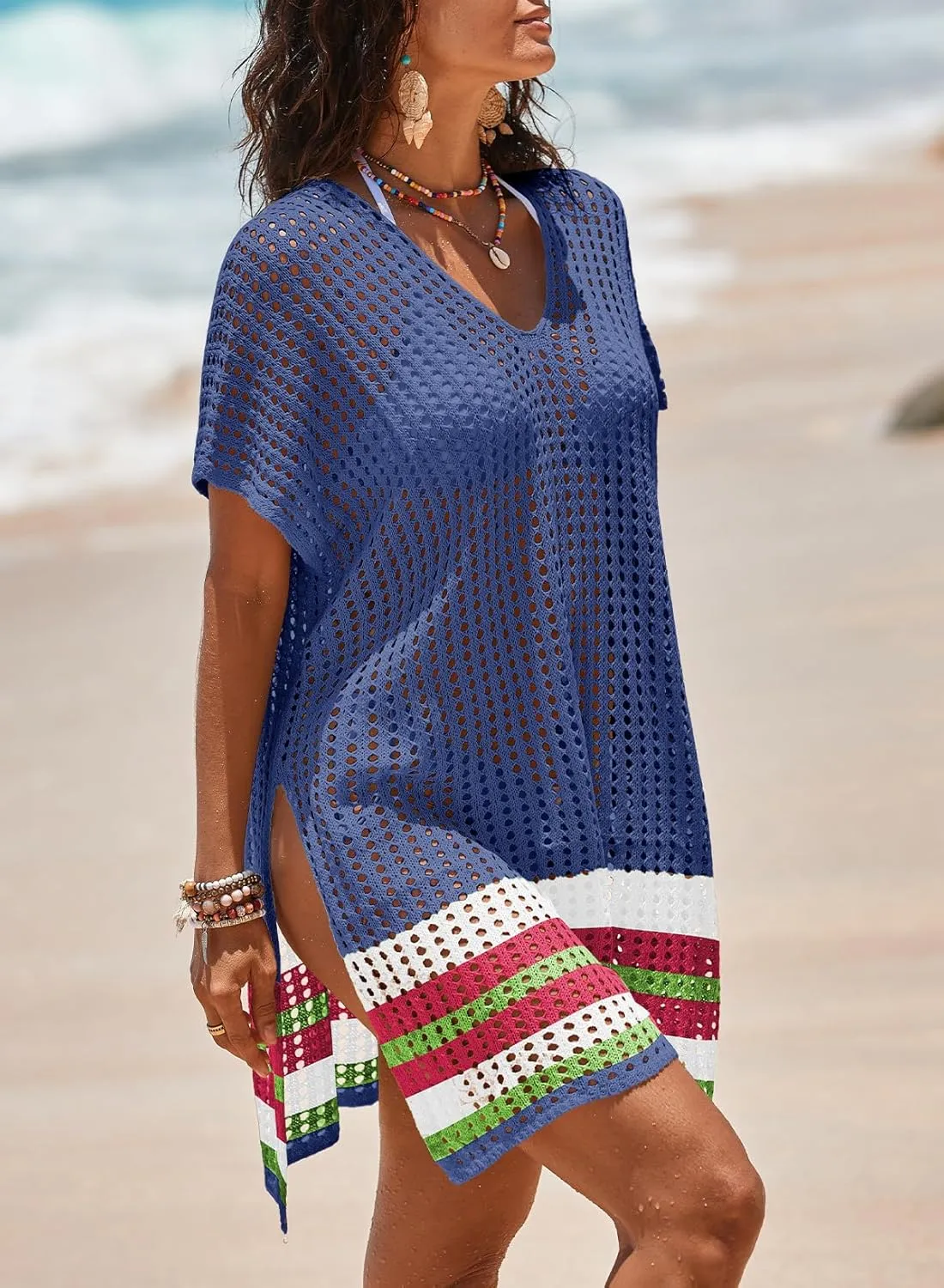 Dokotoo Women's Swimwear Beach Bikini Swimsuit Color Block Cover-ups Crochet Striped Side Split Mini Dress
