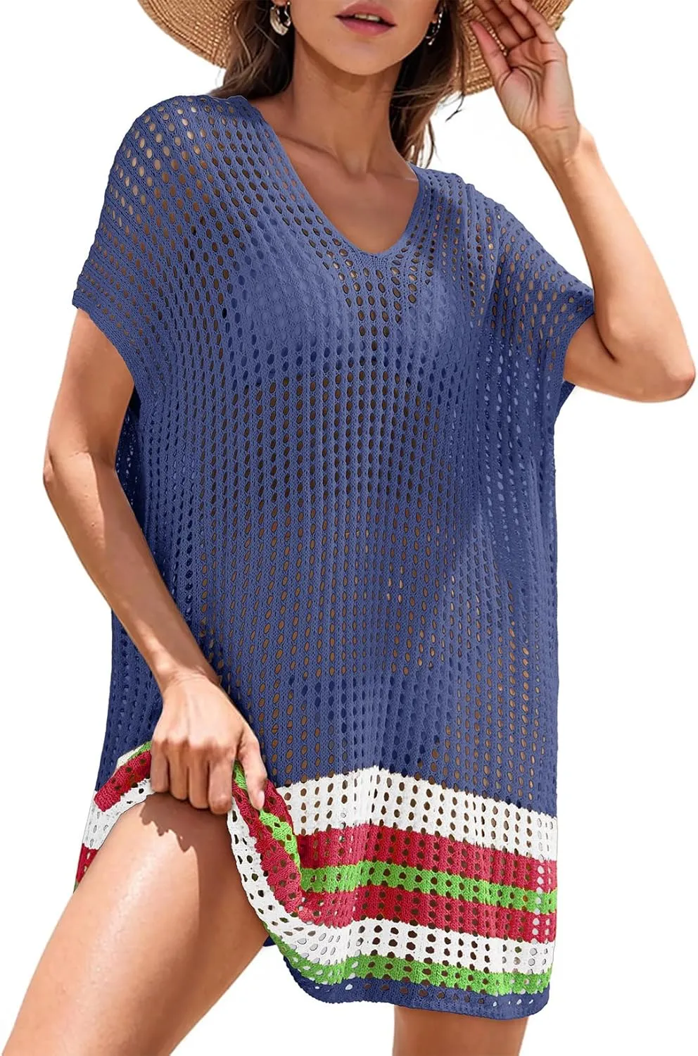 Dokotoo Women's Swimwear Beach Bikini Swimsuit Color Block Cover-ups Crochet Striped Side Split Mini Dress