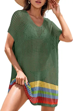 Dokotoo Women's Swimwear Beach Bikini Swimsuit Color Block Cover-ups Crochet Striped Side Split Mini Dress