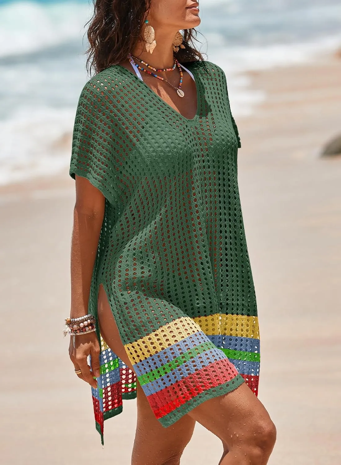 Dokotoo Women's Swimwear Beach Bikini Swimsuit Color Block Cover-ups Crochet Striped Side Split Mini Dress