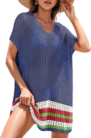 Dokotoo Women's Swimwear Beach Bikini Swimsuit Color Block Cover-ups Crochet Striped Side Split Mini Dress