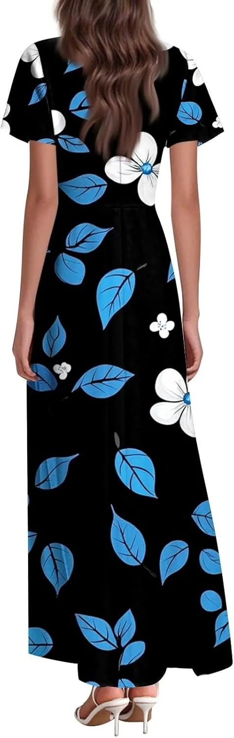DOPOCQ Dresses for Women Trendy Floral Print Hem Chiffon Cocktail Dress Summer Ruffle Short Sleeve V Neck Flowy Sundress