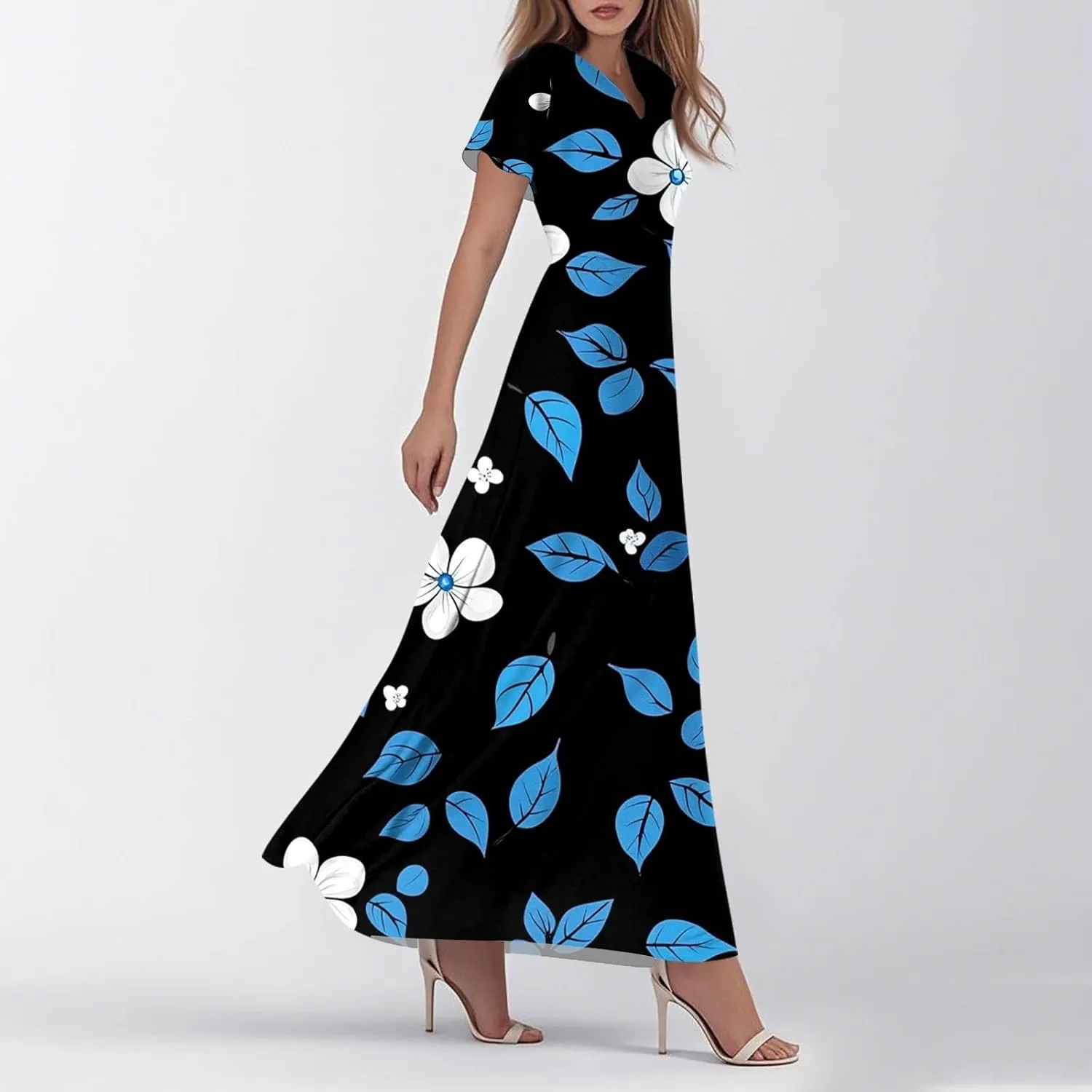 DOPOCQ Dresses for Women Trendy Floral Print Hem Chiffon Cocktail Dress Summer Ruffle Short Sleeve V Neck Flowy Sundress