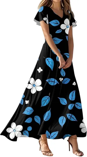 DOPOCQ Dresses for Women Trendy Floral Print Hem Chiffon Cocktail Dress Summer Ruffle Short Sleeve V Neck Flowy Sundress