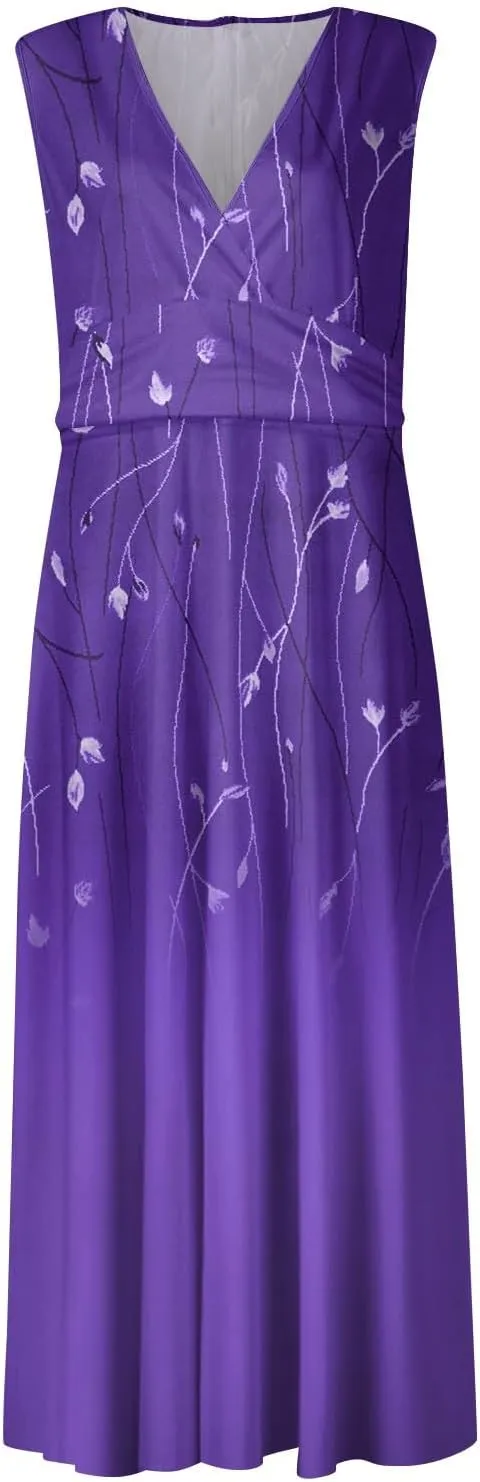 Dresses for Women 2025 Elegant Floral Print Long Dresses Sleeveless Wrap V Neck Beach Dress Flowy Swing Sundresses
