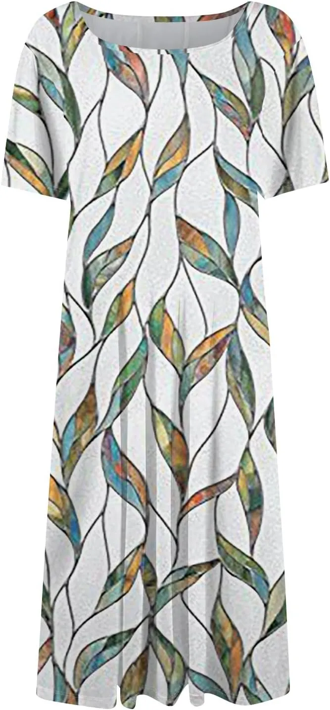 Dresses for Women 2025 Short Sleeve Round Neck Church Dress Pleated Knee Length Dress with Pockets Curvy Dress
