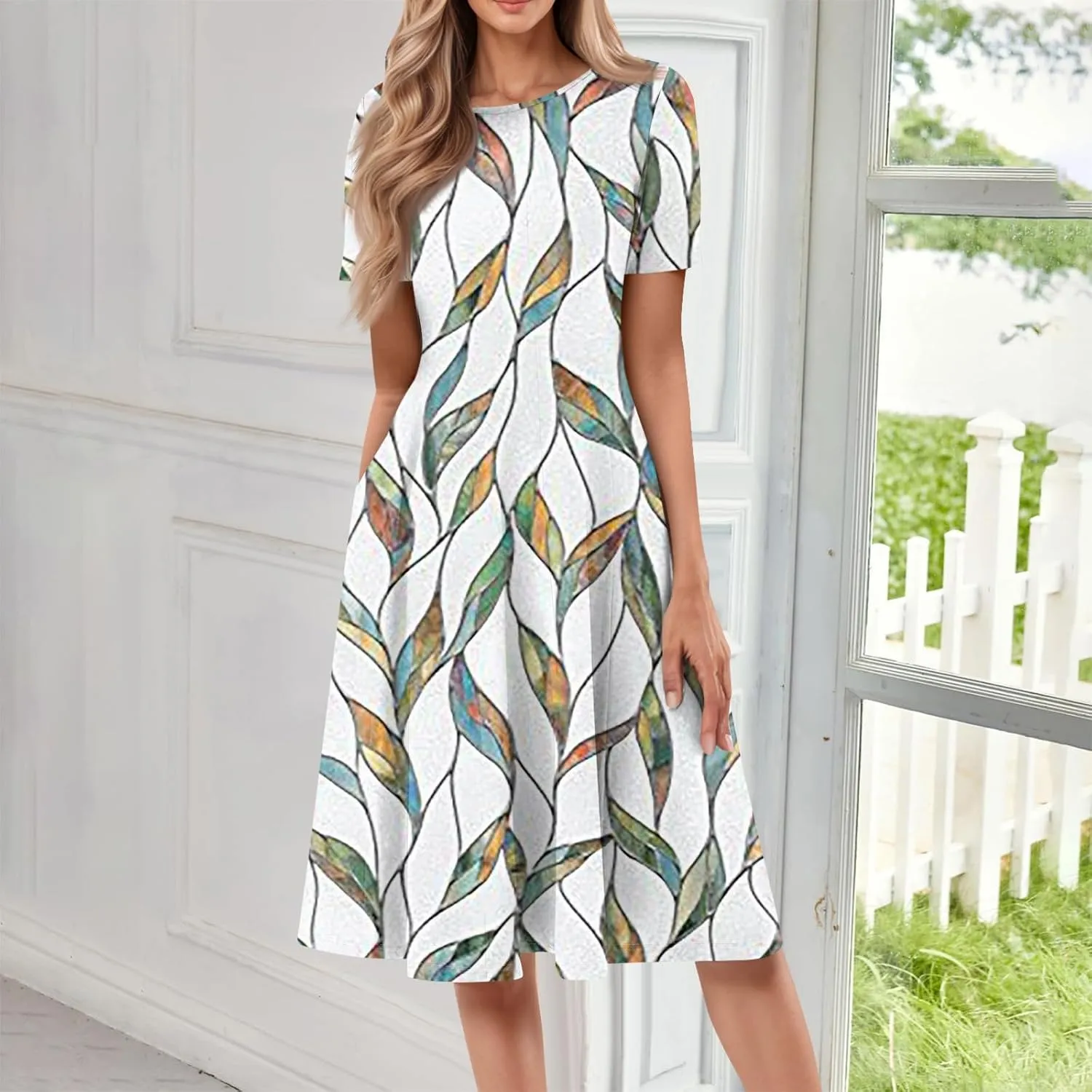 Dresses for Women 2025 Short Sleeve Round Neck Church Dress Pleated Knee Length Dress with Pockets Curvy Dress