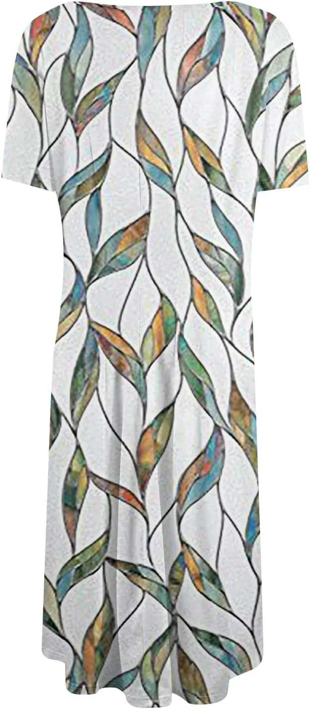 Dresses for Women 2025 Short Sleeve Round Neck Church Dress Pleated Knee Length Dress with Pockets Curvy Dress