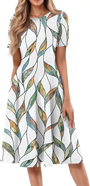 Dresses for Women 2025 Short Sleeve Round Neck Church Dress Pleated Knee Length Dress with Pockets Curvy Dress