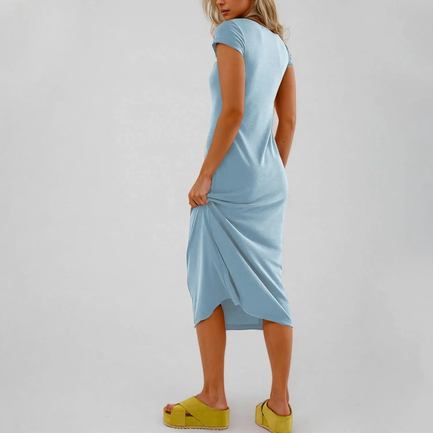 Dresses for Women 2025 Short Sleeve Slim Fit Soft Comfy Long Dress Solid Trendy Casual Summer Fashion Maxi Dress