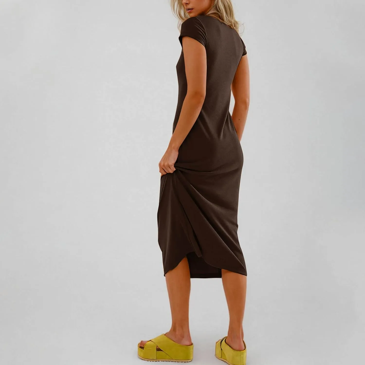 Dresses for Women 2025 Short Sleeve Slim Fit Soft Comfy Long Dress Solid Trendy Casual Summer Fashion Maxi Dress