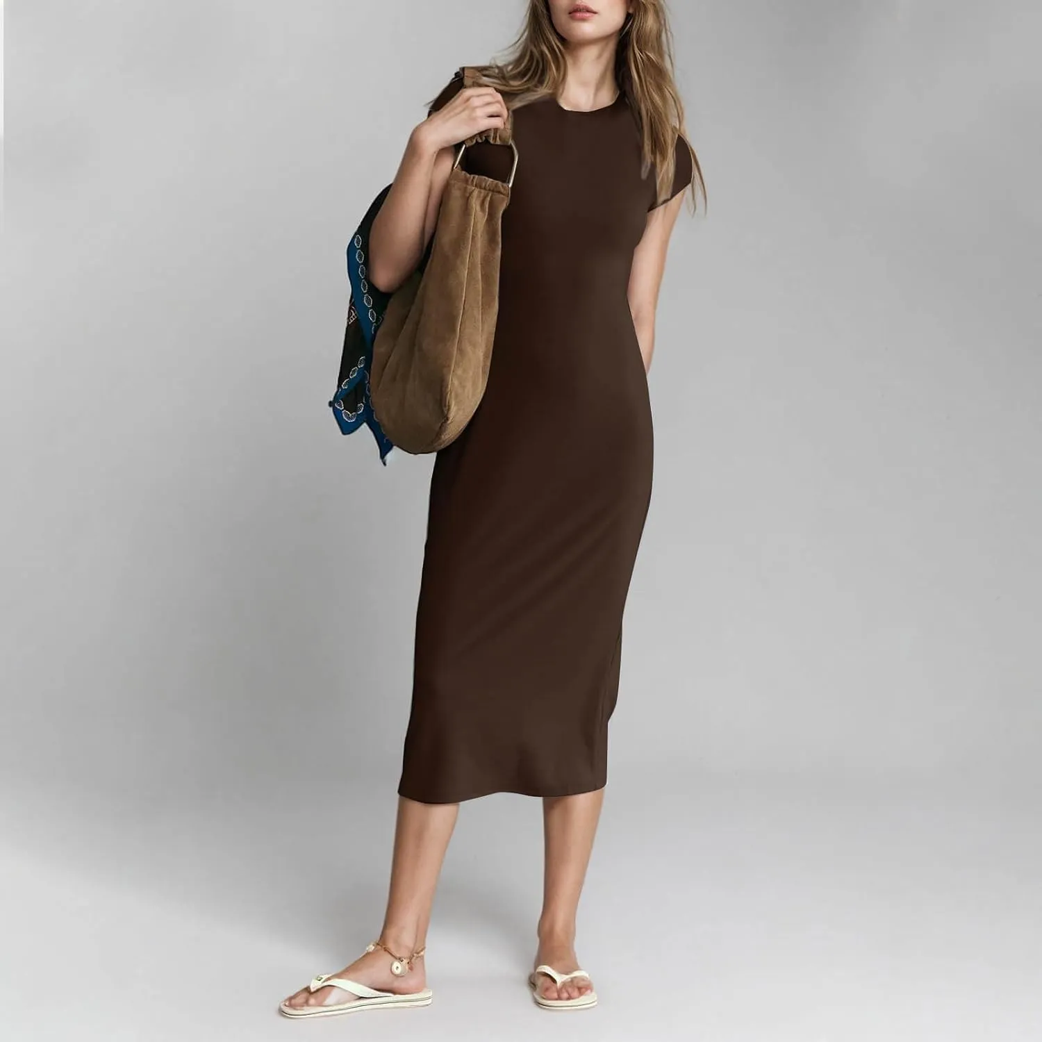Dresses for Women 2025 Short Sleeve Slim Fit Soft Comfy Long Dress Solid Trendy Casual Summer Fashion Maxi Dress