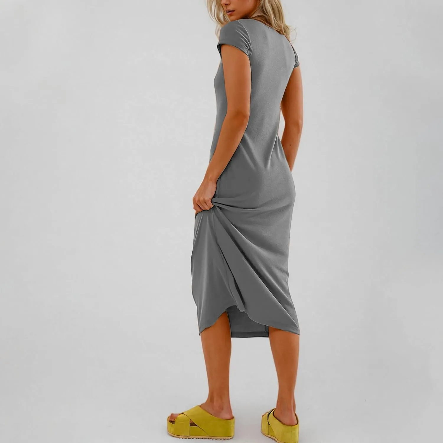 Dresses for Women 2025 Short Sleeve Slim Fit Soft Comfy Long Dress Solid Trendy Casual Summer Fashion Maxi Dress