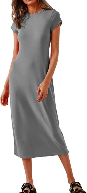 Dresses for Women 2025 Short Sleeve Slim Fit Soft Comfy Long Dress Solid Trendy Casual Summer Fashion Maxi Dress