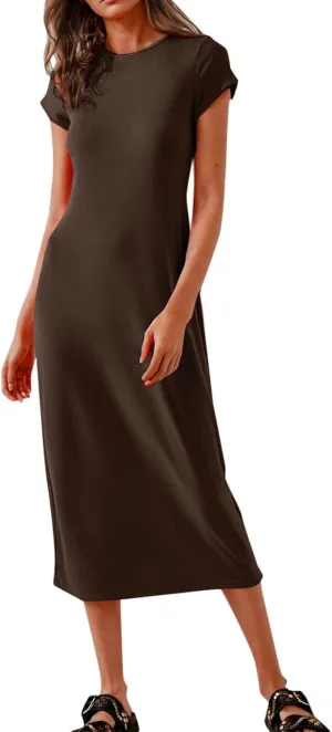 Dresses for Women 2025 Short Sleeve Slim Fit Soft Comfy Long Dress Solid Trendy Casual Summer Fashion Maxi Dress