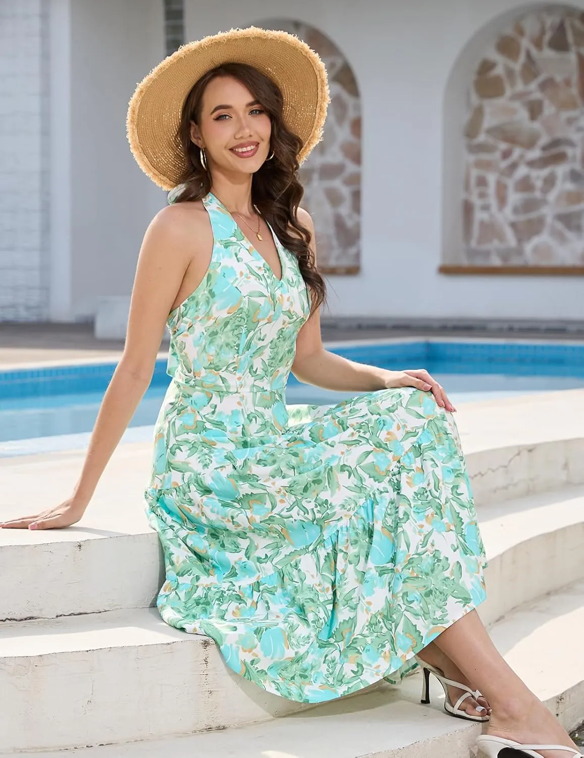 DRESSTELLS Women's Summer Floral Dresses Maxi Boho Casual Halter Neck Spring Vintage Flowy Beach Long Sundress