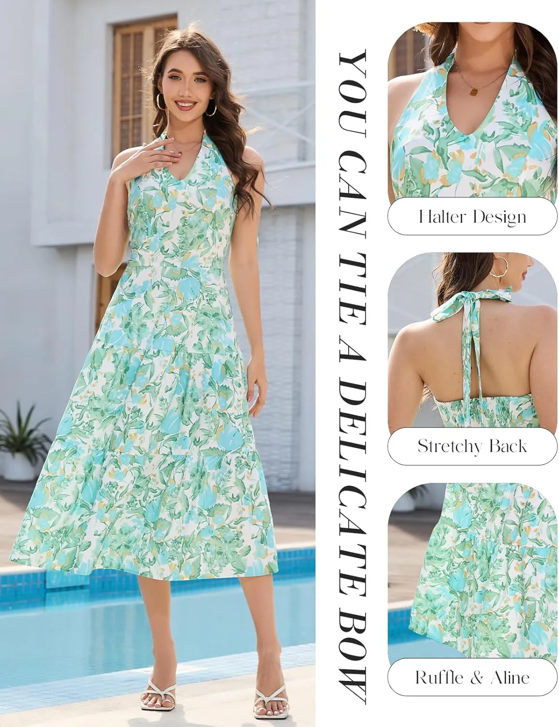 DRESSTELLS Women's Summer Floral Dresses Maxi Boho Casual Halter Neck Spring Vintage Flowy Beach Long Sundress