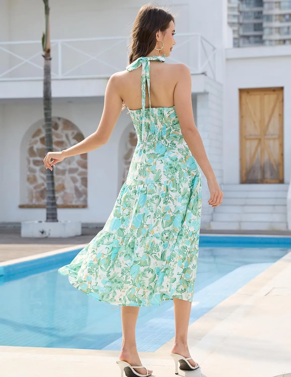 DRESSTELLS Women's Summer Floral Dresses Maxi Boho Casual Halter Neck Spring Vintage Flowy Beach Long Sundress
