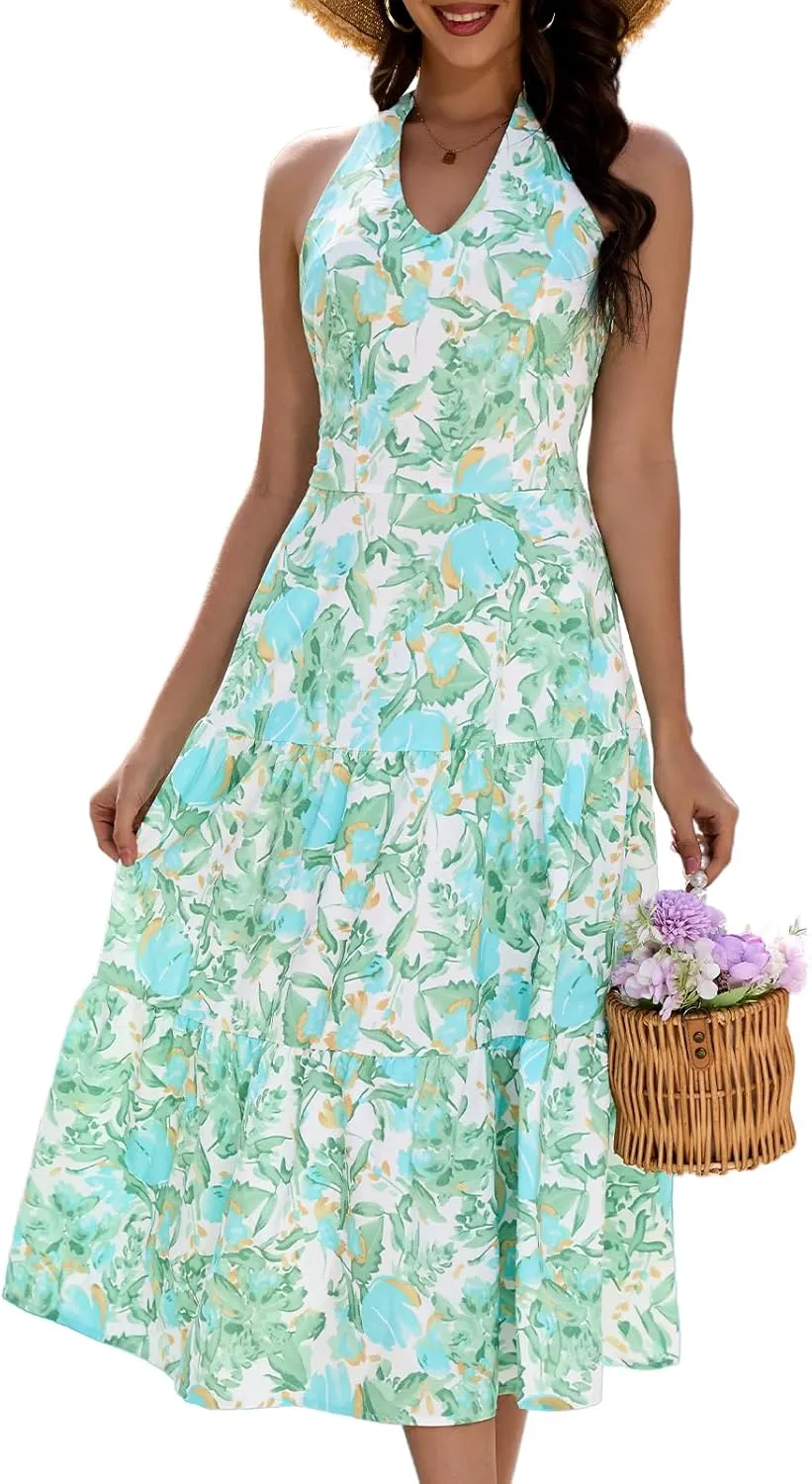 DRESSTELLS Women's Summer Floral Dresses Maxi Boho Casual Halter Neck Spring Vintage Flowy Beach Long Sundress