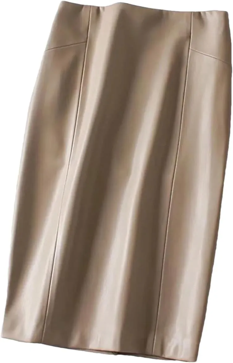 Dvbfufv Women Sexy Soft PU Leather Pencil Midi Skirt Autumn Ladies Slit Faux Leather Pencil Skirt