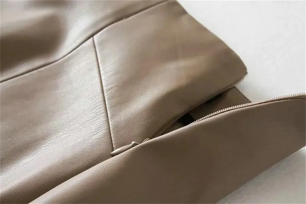 Dvbfufv Women Sexy Soft PU Leather Pencil Midi Skirt Autumn Ladies Slit Faux Leather Pencil Skirt