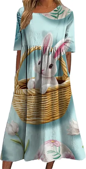 Easter Dress for Women Casual Short Sleeve Crew Neck Midi Dress Bunny Egg Print Pleated Summer Dress with Pockets