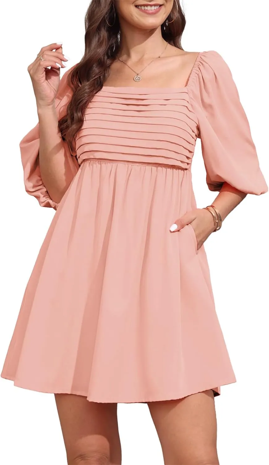 Ebifin Womens Square Neck Dresses Half Puff Sleeve High Waist A-Line Casual Backless Smocked Short Babydoll Mini Dress