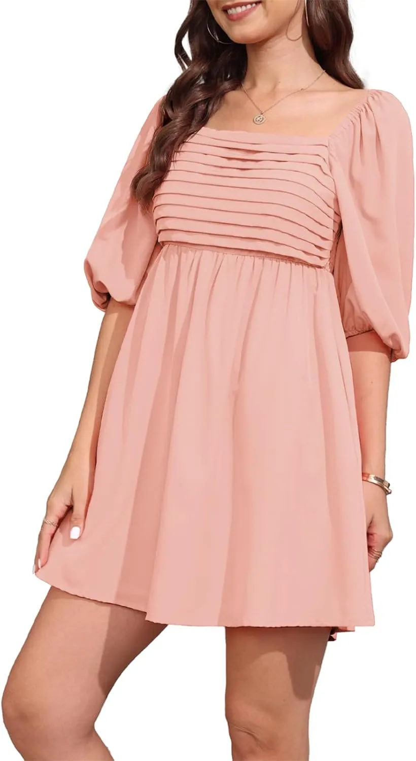 Ebifin Womens Square Neck Dresses Half Puff Sleeve High Waist A-Line Casual Backless Smocked Short Babydoll Mini Dress