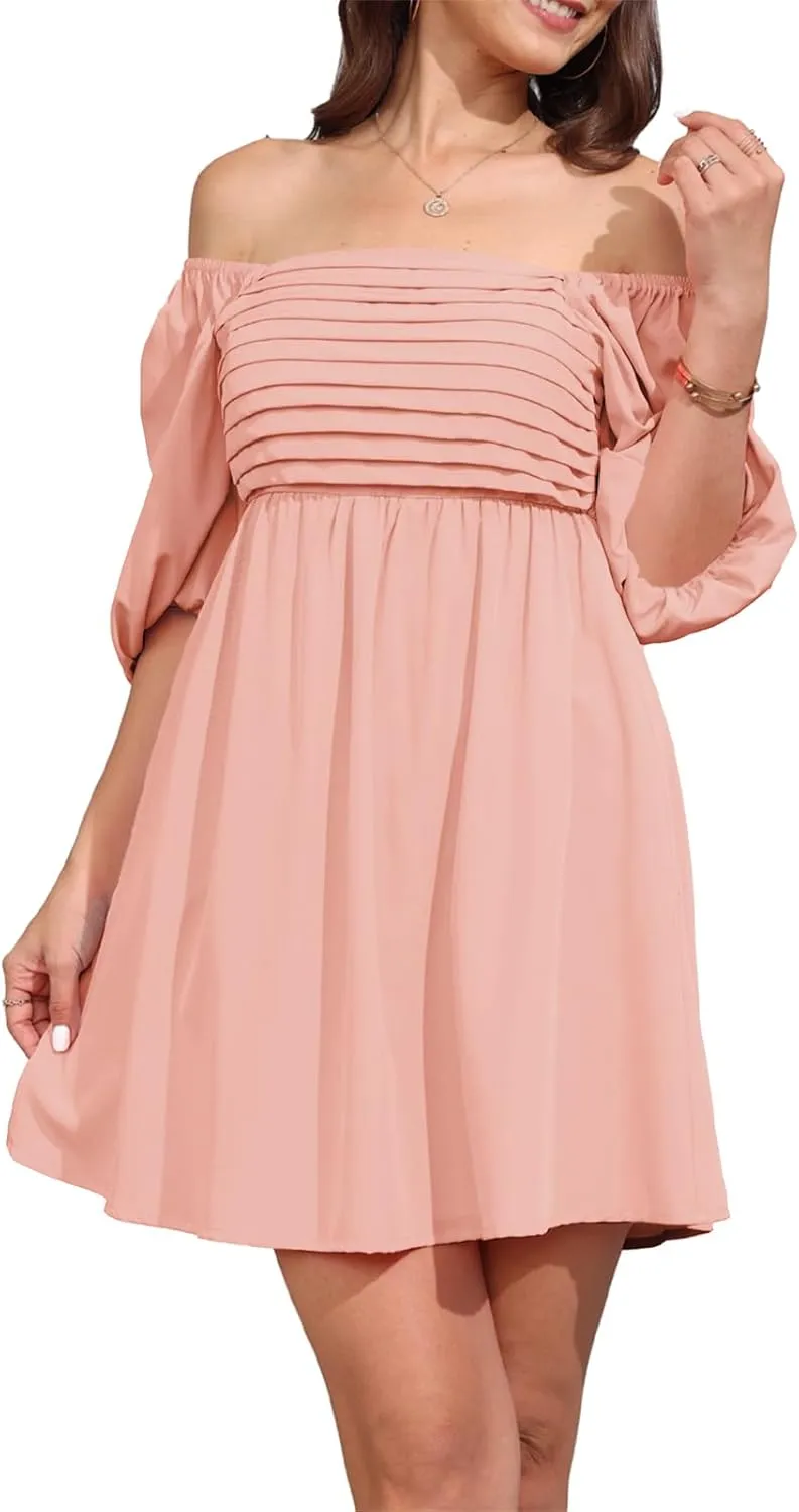 Ebifin Womens Square Neck Dresses Half Puff Sleeve High Waist A-Line Casual Backless Smocked Short Babydoll Mini Dress