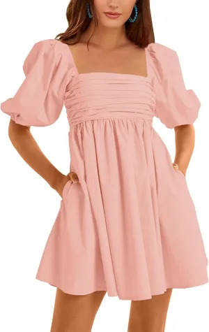 Ebifin Womens Square Neck Dresses Half Puff Sleeve High Waist A-Line Casual Backless Smocked Short Babydoll Mini Dress