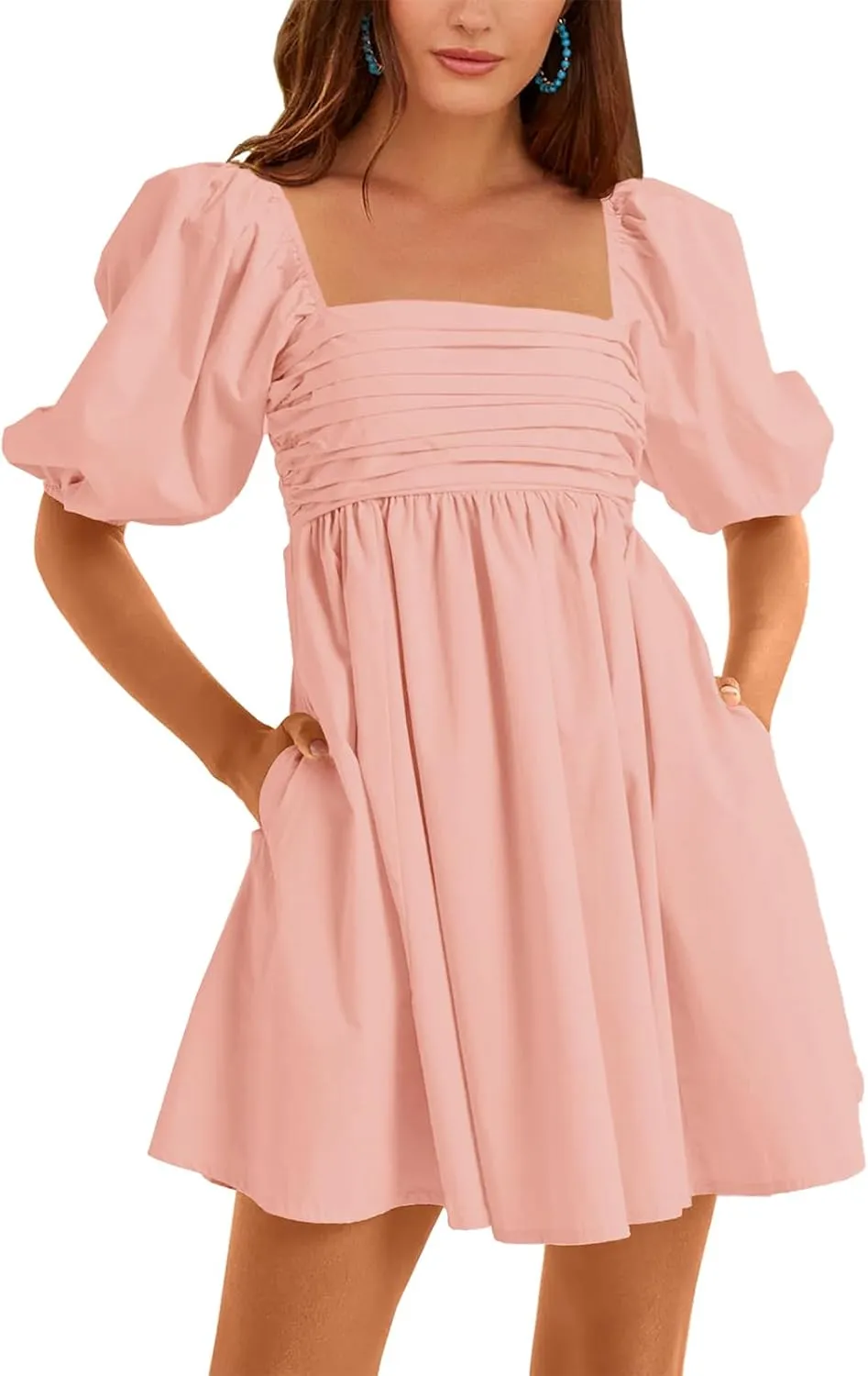 Ebifin Womens Square Neck Dresses Half Puff Sleeve High Waist A-Line Casual Backless Smocked Short Babydoll Mini Dress