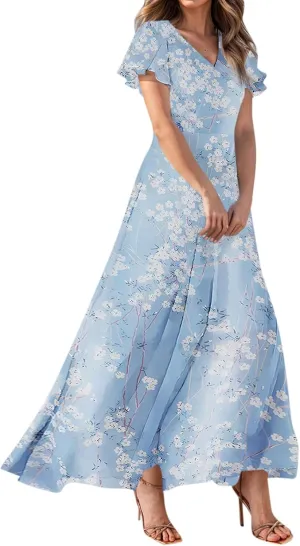 Elegant Dresses for Women 2025 Floral Print Ruffle Short Sleeve A-Line Dress Trendy V Neck High Waist Maxi Dress