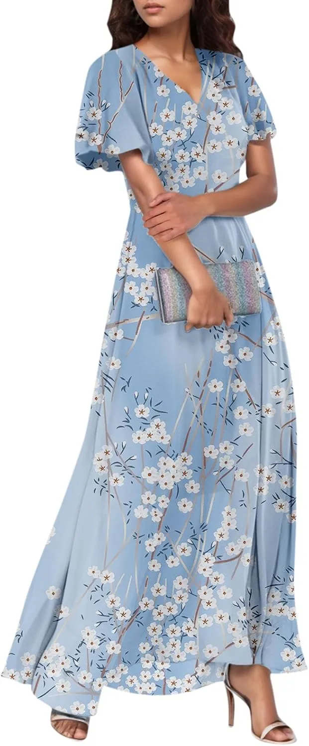 Elegant Dresses for Women 2025 Floral Print Ruffle Short Sleeve A-Line Dress Trendy V Neck High Waist Maxi Dress