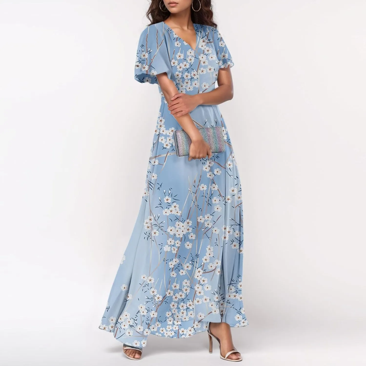 Elegant Dresses for Women 2025 Floral Print Ruffle Short Sleeve A-Line Dress Trendy V Neck High Waist Maxi Dress