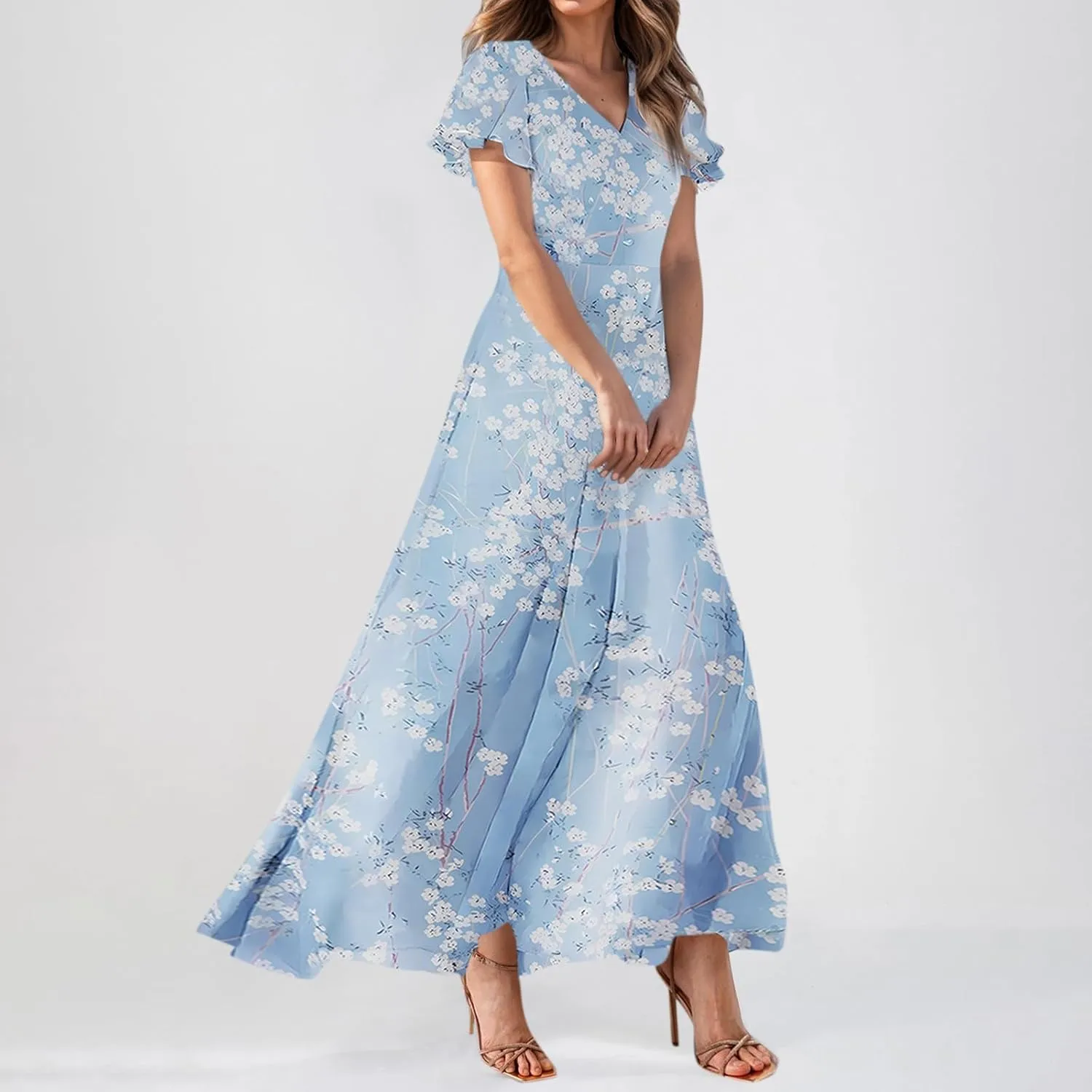 Elegant Dresses for Women 2025 Floral Print Ruffle Short Sleeve A-Line Dress Trendy V Neck High Waist Maxi Dress