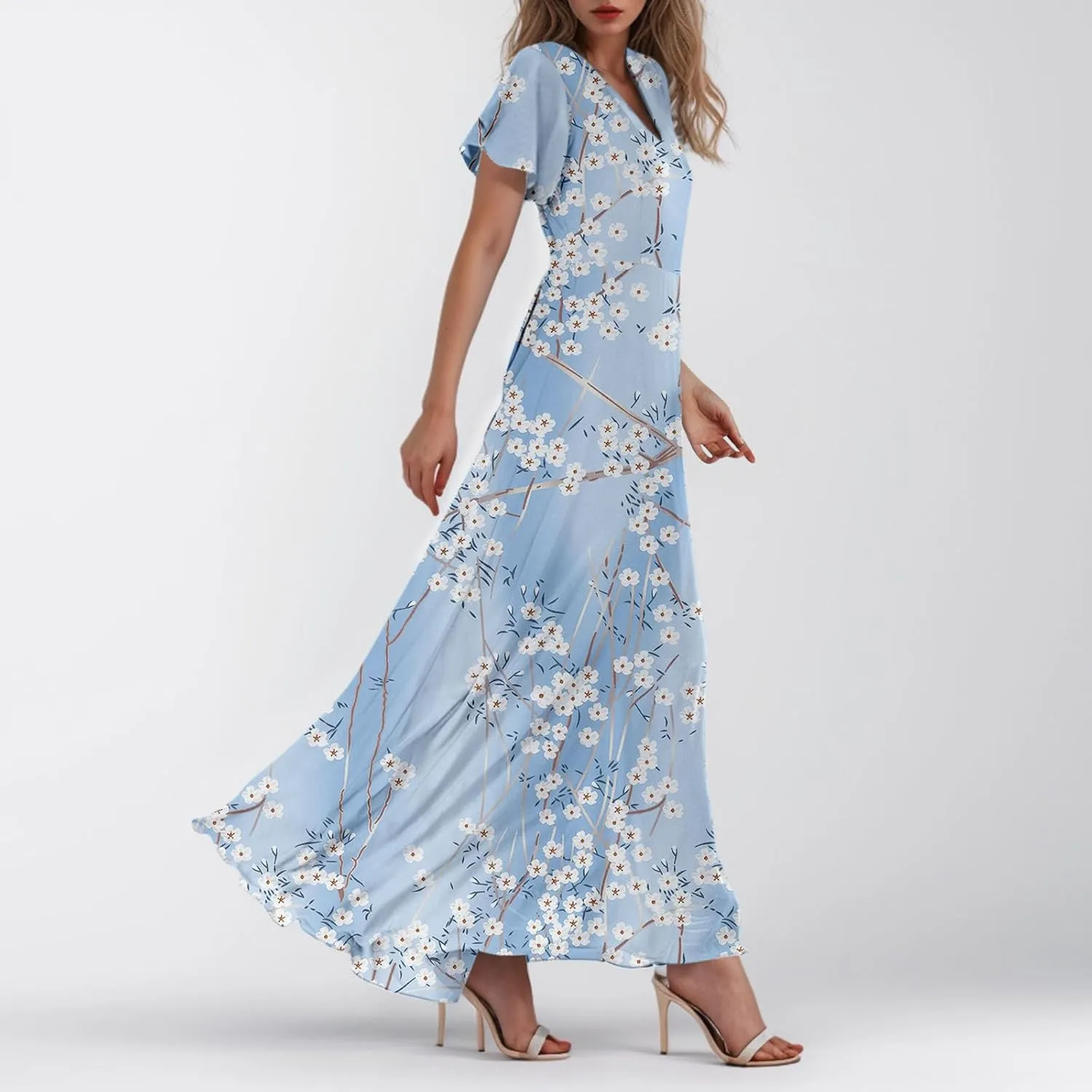 Elegant Dresses for Women 2025 Floral Print Ruffle Short Sleeve A-Line Dress Trendy V Neck High Waist Maxi Dress
