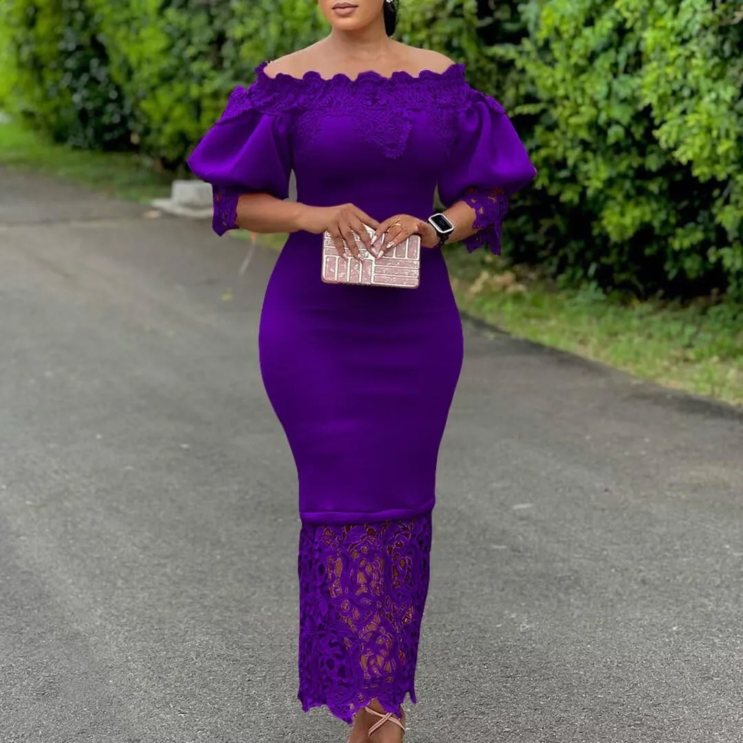 Elegant Sexy Floral Lace Off Shoulder Evening Gown Party Bodycon Midi Dress